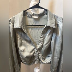 Altar’d State Sage Satin Ruched Button Down Crop Blouse Small